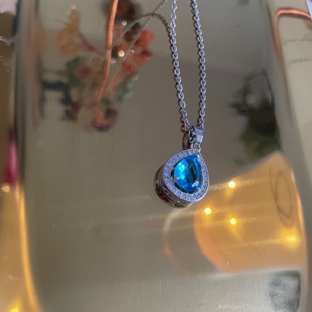 White gold plated Aquamarine Pear Cut Necklace - Picture 2 of 4